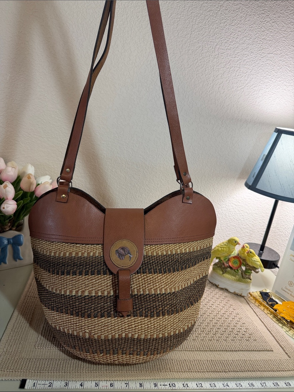Handmade African Sisal Basket Leather Shoulder Bag Kenya Boho Safari Tote